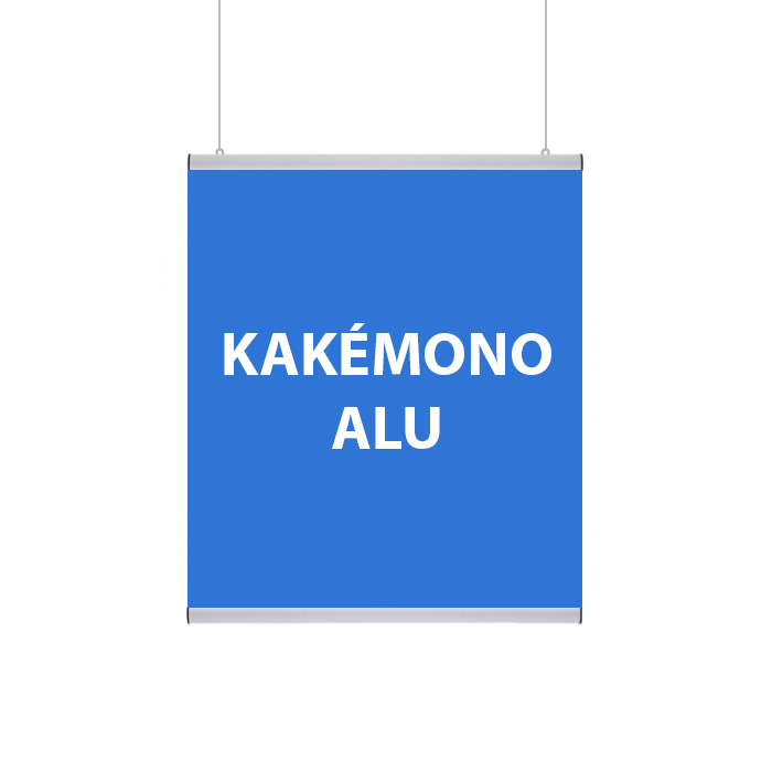 Un kakémono aluminium suspendu publicitaire 60x90 cm imprimé et son affiche montée sur laquelle on peut kakémono aluminium