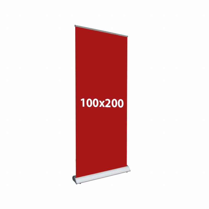 Un roll up publicitaire luxe 100x200 cm imprimé et son affiche déroulée sur laquelle on peut lire 100x200 cm