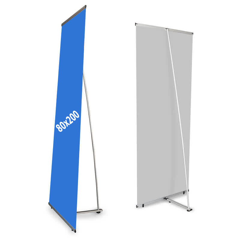 Un L banner publicitaire 80x200 cm imprimé et son affiche montée sur laquelle on peut lire 80x200 cm