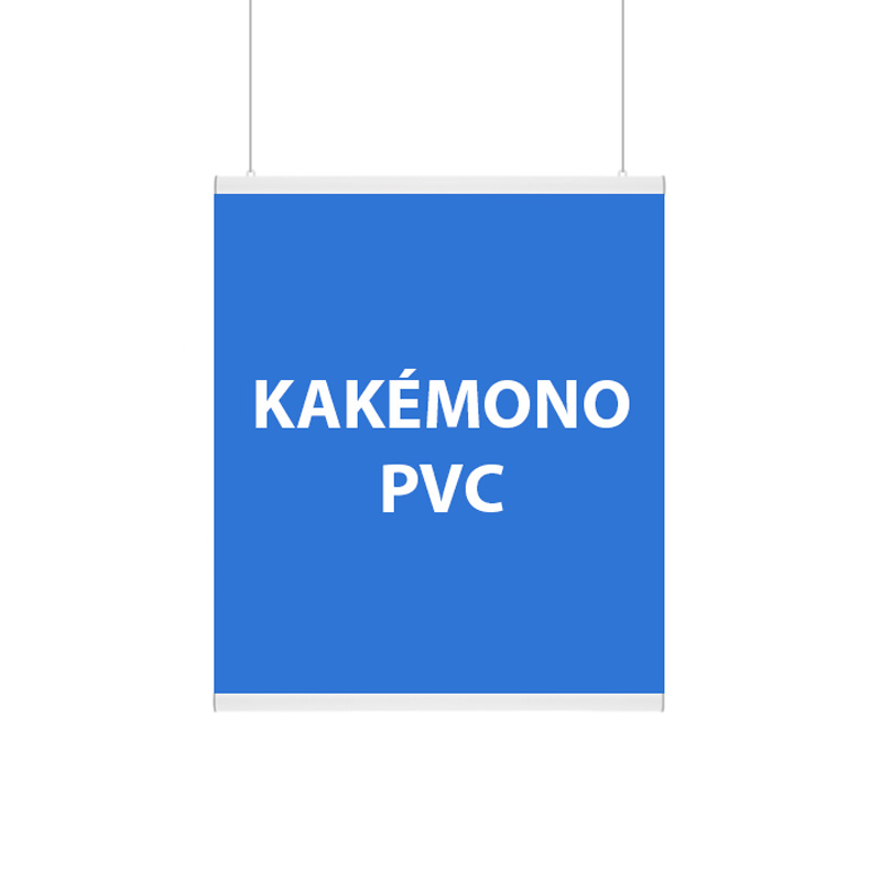 Un kakémono pvc suspendu publicitaire 60x90 cm imprimé et son affiche montée sur laquelle on peut lire kakémono PVC