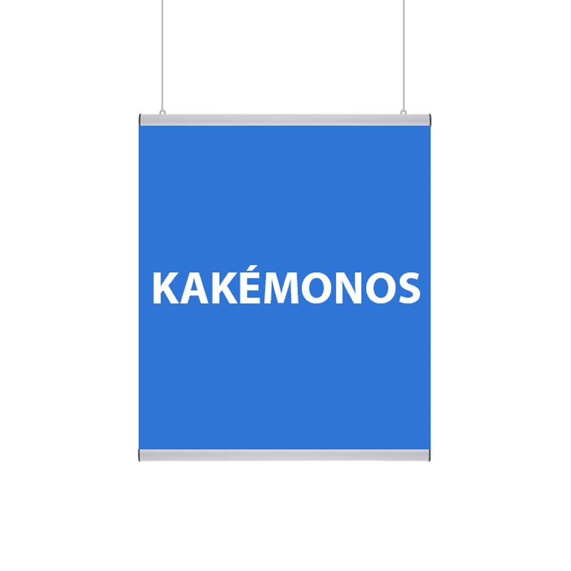 Un kakémono suspendu publicitaire 60x90 cm imprimé et exposé dans une vitrine