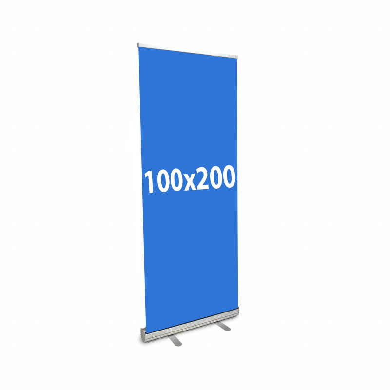 Un roll up publicitaire 100x200 cm imprimé et son affiche déroulée sur laquelle on peut lire 100x200 cm