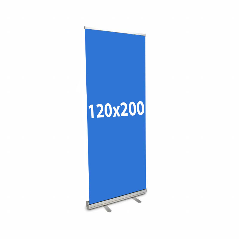 Un roll up publicitaire 120x200 cm imprimé et son affiche déroulée sur laquelle on peut lire 120x200 cm