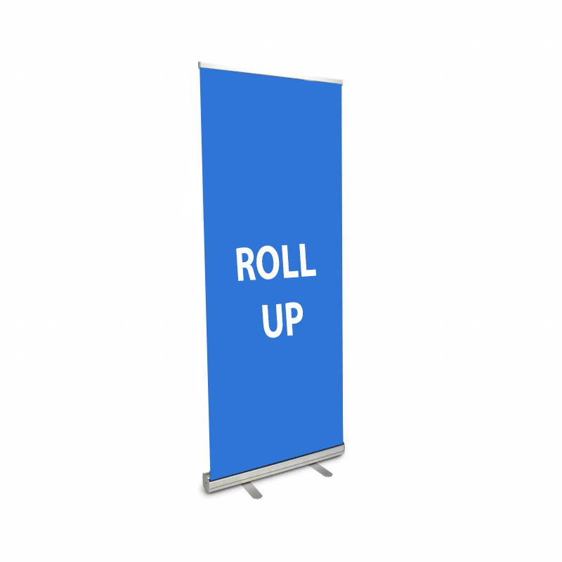 Un roll up publicitaire 85x200 cm imprimé et son affiche déroulée